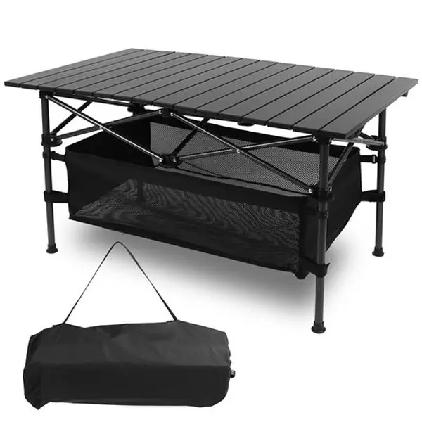 Heavy Duty Rolling Outdoor Roll Top Picnic Table - Collapsible Aluminum Alloy Compact Foldable Travel Desk with Mesh Fabric, Anti-Slip Surface for Camping-3878