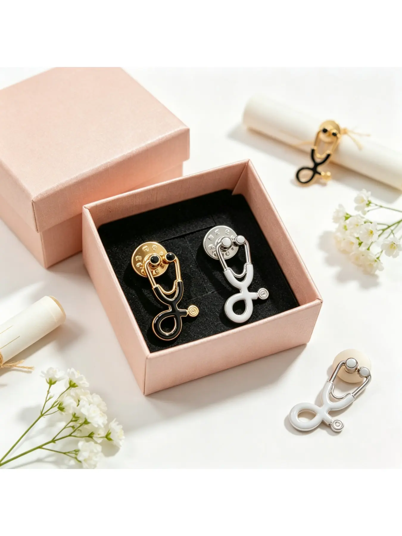 2PCS Gold & Silver Stethoscope Brooch With Gift Box, Medical Stethoscope Lapel Pins, Nurse Doctor Graduation Healthcare Worker Gift