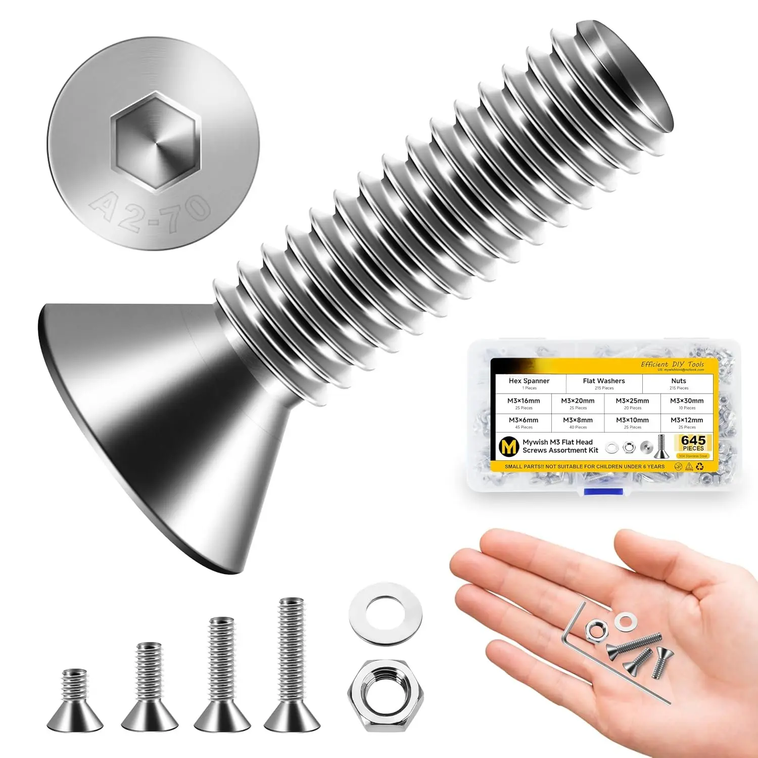 645 count Metric M3 Screws  Kit, Flat  Countersunk Socket   Screws Nuts and , Allen Hex Drive Stainless Steel Screws