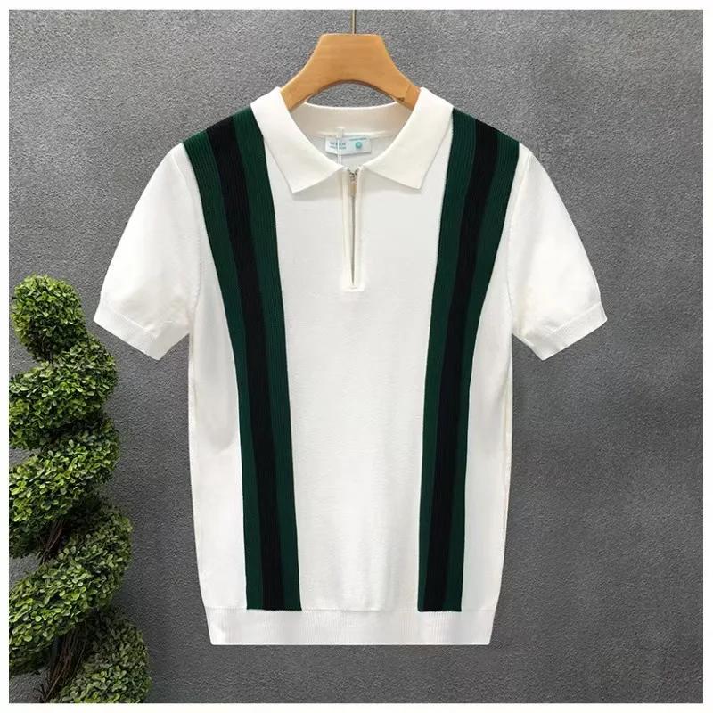Kyn Apparel Summer New Men Slim-fit Luxury Knitted Polo Shirt Striped Patchwork T-shirt Casual Zipper Short Sleeve Tops Business Knitwear