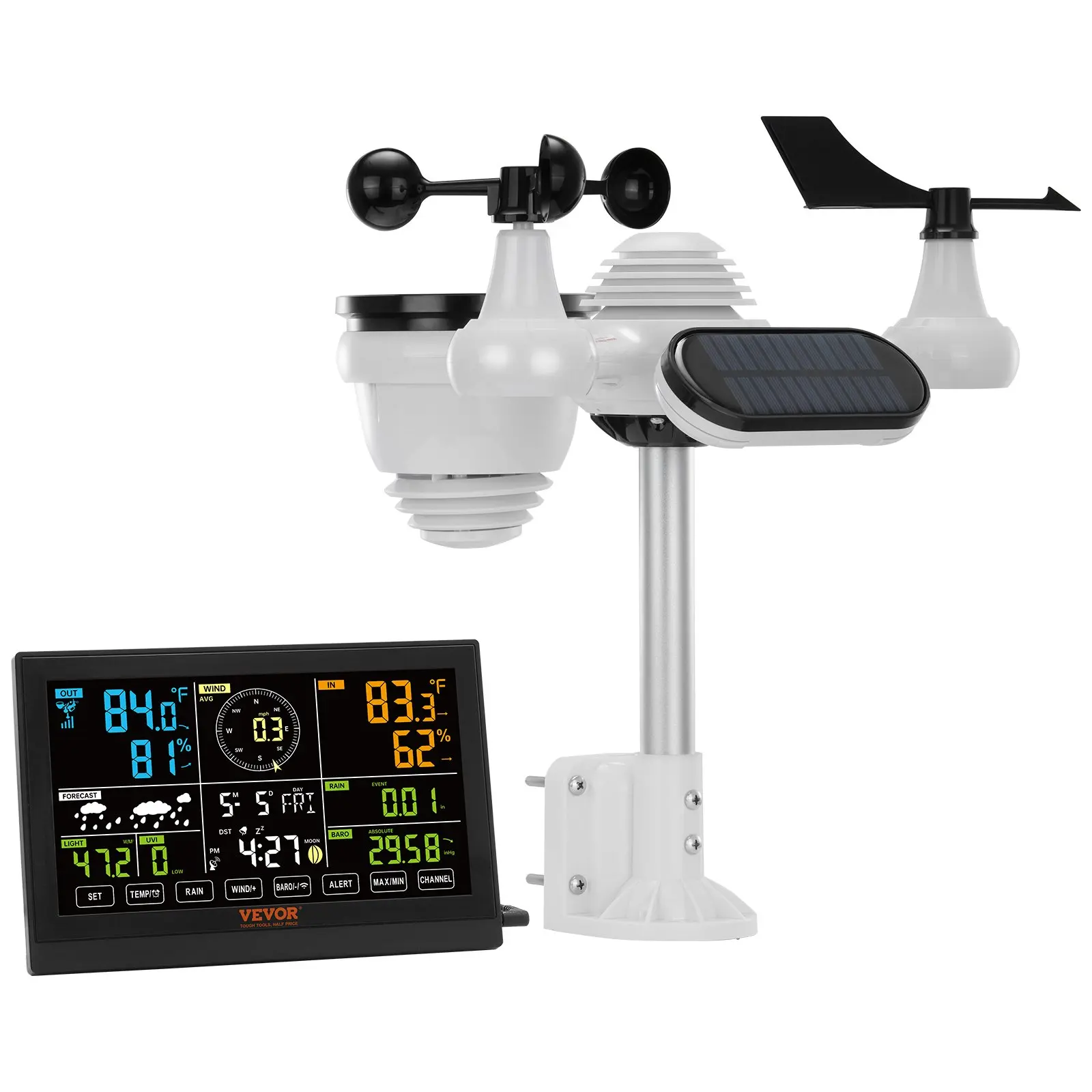 【Summerfinds】VEVOR 7-in-1 Wireless Weather Station, 7.5 in Color Display, Digital Weather Station Indoor Outdoor, for Temperature Humidity Wind Speed/Direction Rain UV, with Forecast Data, Alarm, Alerts-NO WIFI