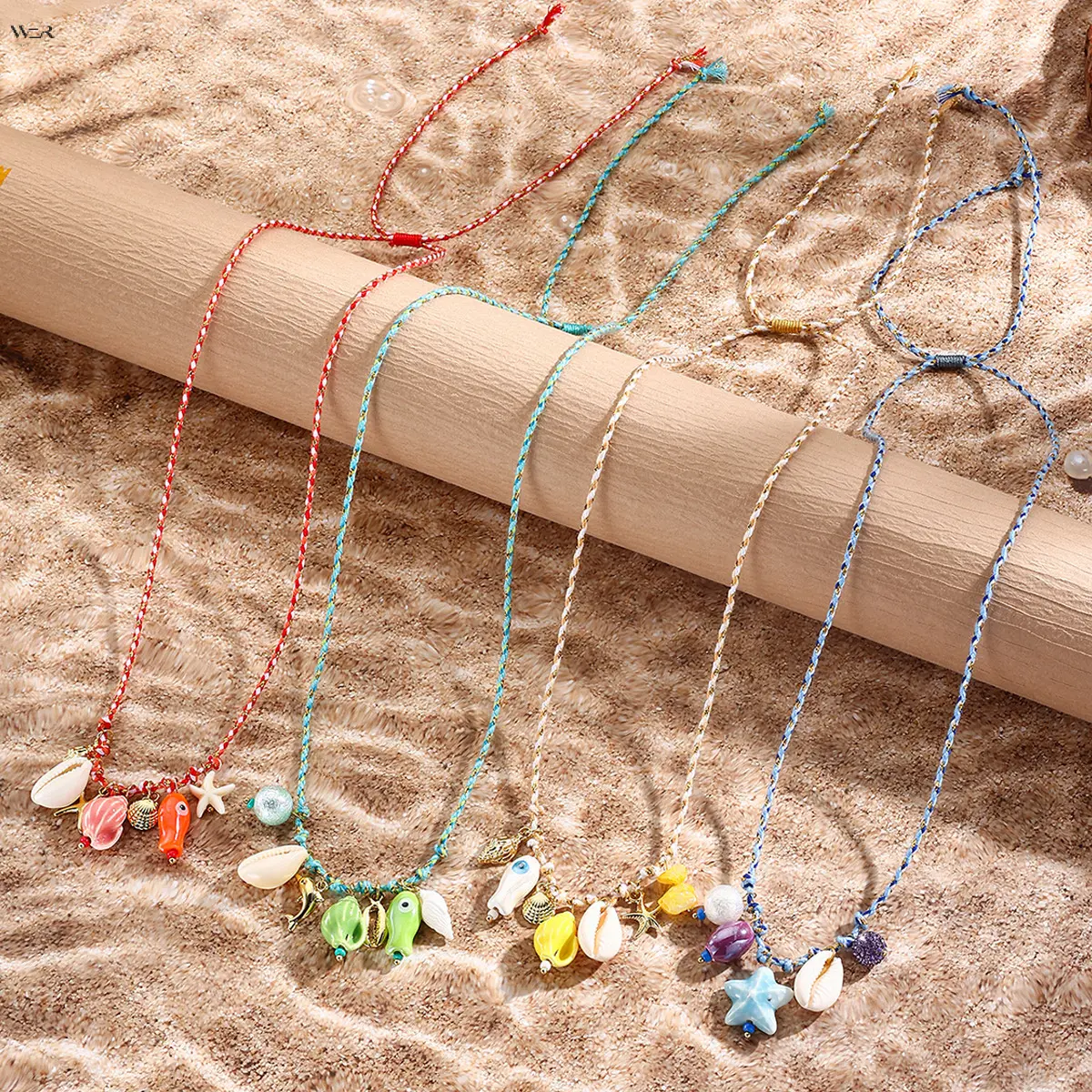 Summer Ocean Conch Shell Beaded Adjustable Woven Rope Necklace, Multi-Color Seashell Charm Jewelry, Small Holiday Birthday Gift for Teen Girls Young Women