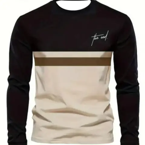 Men's Casual Long Sleeve Round Neck T-Shirt, Polyester Knit Fabric, Regular-Fit Top, Classic Striped Pattern Tee, Fall & Winter Wear