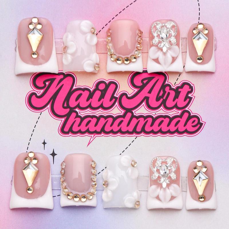 Duckbill Shaped Fake Nail, 10pcs Rhinestone & Flower Decor French Press on Nails for Women & Girls DIY Nail Art, Elegant Stick on Nails Kit, Handmade, Nail Supplies, Fake Nails, Flared Handmade Nails, Sparkly Studded Rhinestone