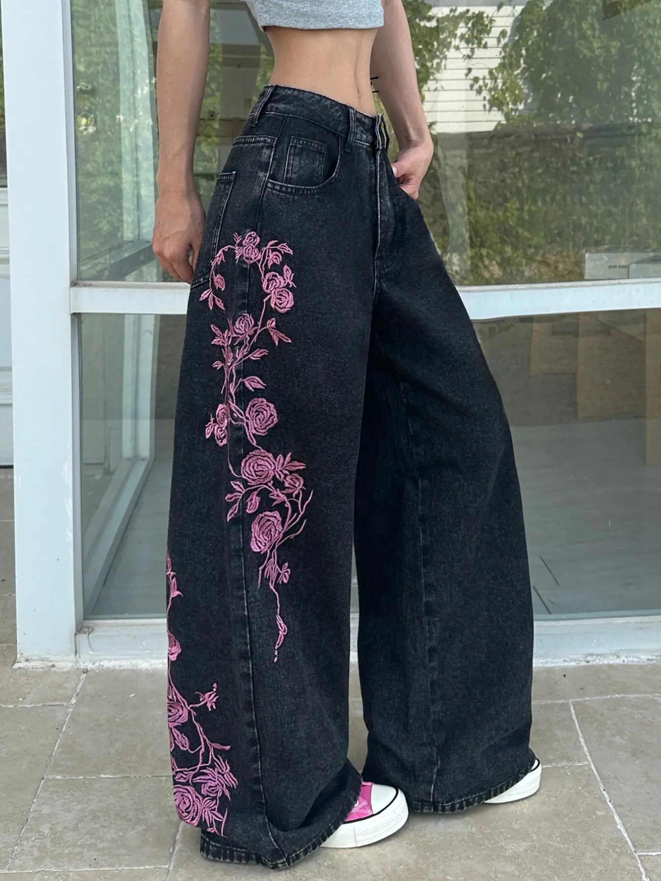 Women's Vintage Washed Jeans, Rose Embroidery Floral High Waist Slim Straight Leg Pants, Street Style Loose Fit, All Seasons, Multiple Colors