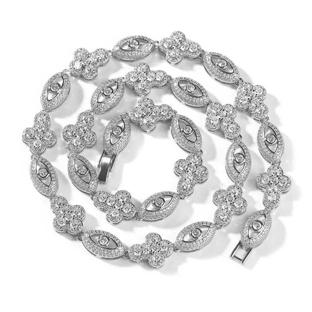 Silver Plated Iced Out Evil Eye And Clover Link Chain Full Paved Zircon Hip Hop Necklace For Men Streetwear Jewelry