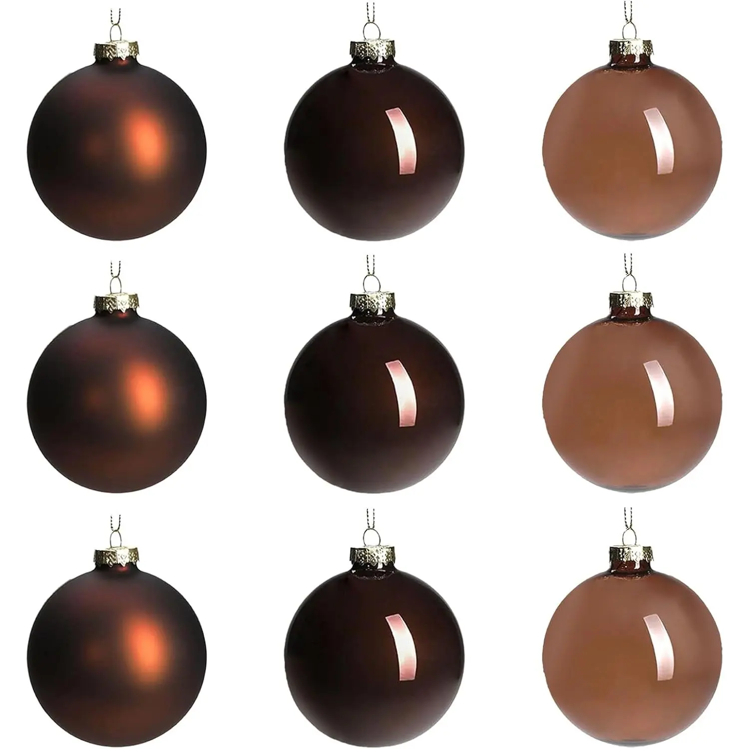 Shiny Modern Brown Glass Christmas Ball Ornaments Set - 9 Count, 3.15in Balls, Festive Baubles for Xmas Tree, Wreath, Halloween Party Decorations