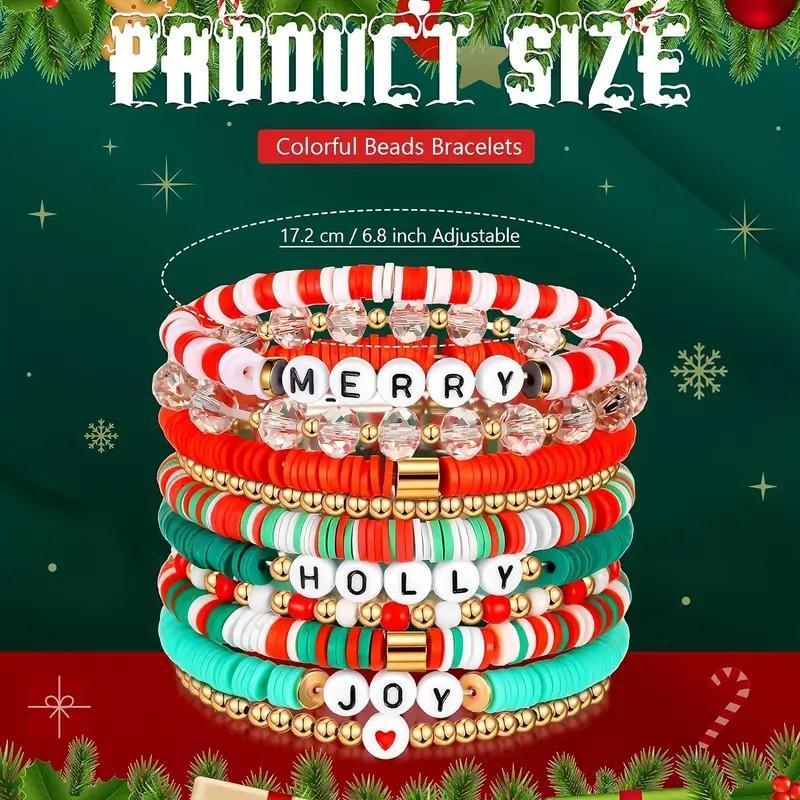 MANY [Christmas Holiday Bracelet Set] 10-Pack Festive Polymer Clay Heishi Stretch Bracelets with Joyful Messages Plastic Bead Jewelry Gift for Women Seasonal Party Accessories.