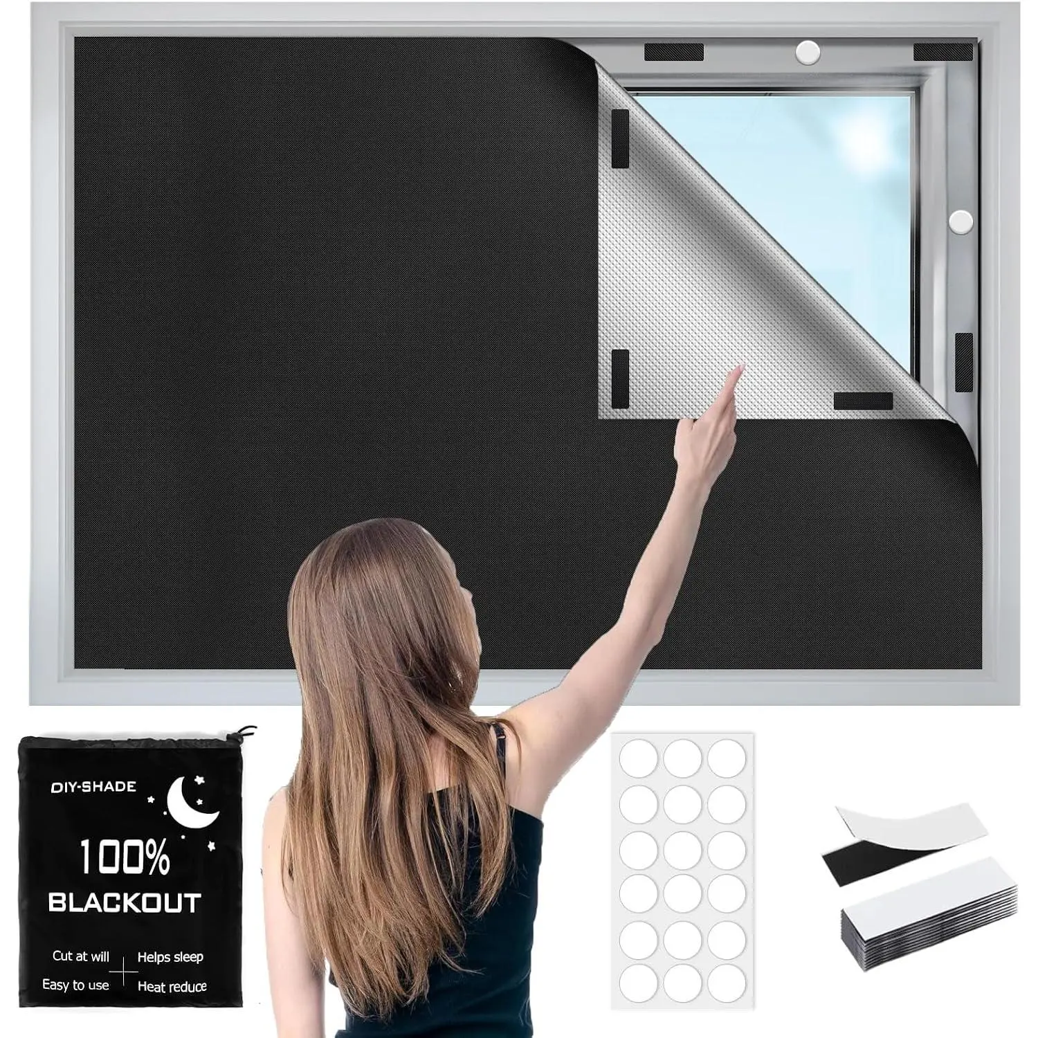 Blackout Window Cover, 118" x 57" 420D Portable Blackout Blinds  Blackout Window, Temporary Black Out Shades for Windows Cover Travel, Cut Any Size, 18 Adhesive & 12 Loop Tapes