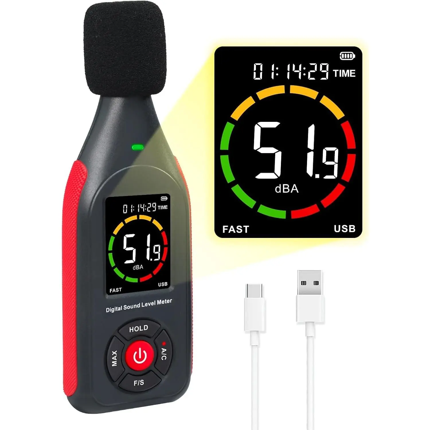 Decibel Meter Data Logger, Digital Sound Level Meter with Recording, dB Meter 30~130dB, 31,000 Data, 3-Color Light Alarm, USB Rechargeable SPL Meter for Home, Classroom, Office, Neighbor, Industrial
