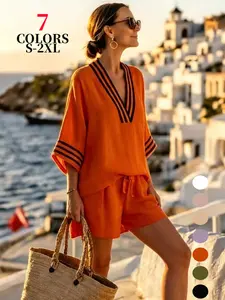 2026 Summer Women's Vacation, Ramie Bamboo Fiber 2-Piece Set, Striped Trim V-Neck Top & Drawstring Shorts, Ideal for Beach Travel