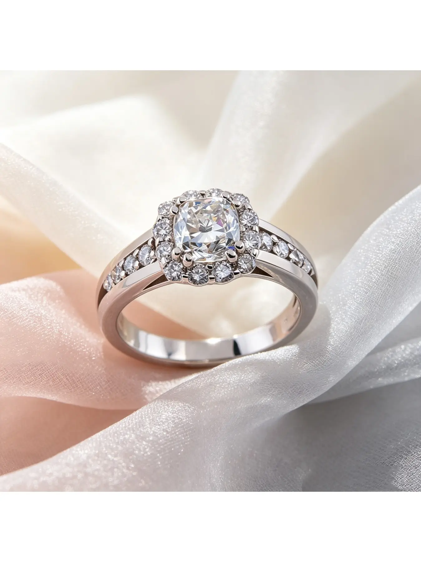 Cushion Center Stone Round Halo Paved Diamond Engagement Ring, Bridal Ring, Gift for Women, Glossy Slim Band for Everyday Wear, Luxury Jewelry for Valentine Christmas Mother’s Day Proposal Wedding Banquets