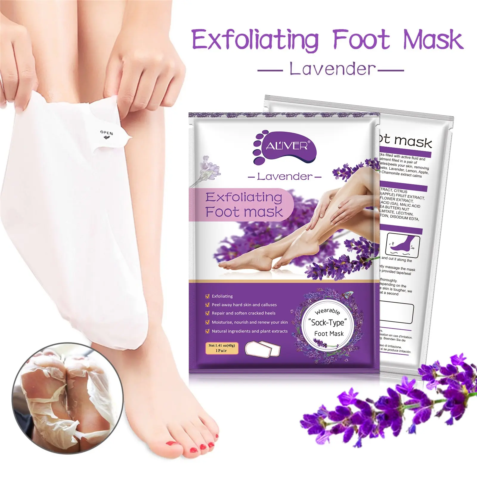 Gentle Lavender Exfoliating Foot Mask Deeply Remove Dead Skin Calluses & Dry Crack, Restore Silky Soft Feet