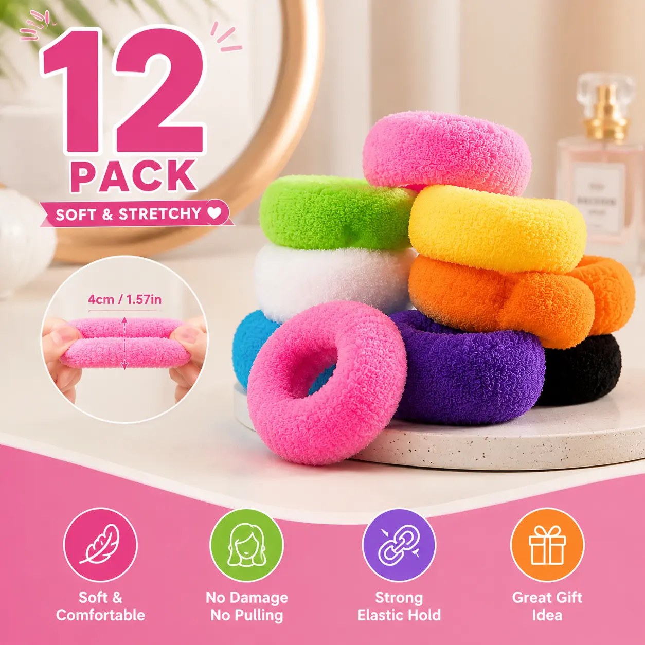 12-pack of soft, colorful hair ties| Cute, no-damage hairbands designed for women, soft in texture, perfect as candy-colored ponytail holders.Great for everyday hairstyles, school, work, or as gifts.Easily secures your ponytail.