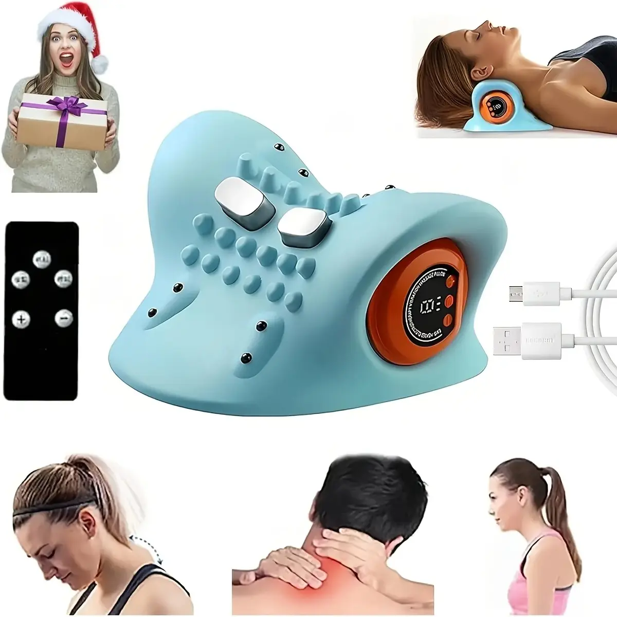 Electric Neck and Shoulder Massage Pillow with Remote Control, 3-in-1 Kneading-Vibration-Heat Therapy, 26° Ergonomic Design, USB Rechargeable, Portable for Home, Office Use