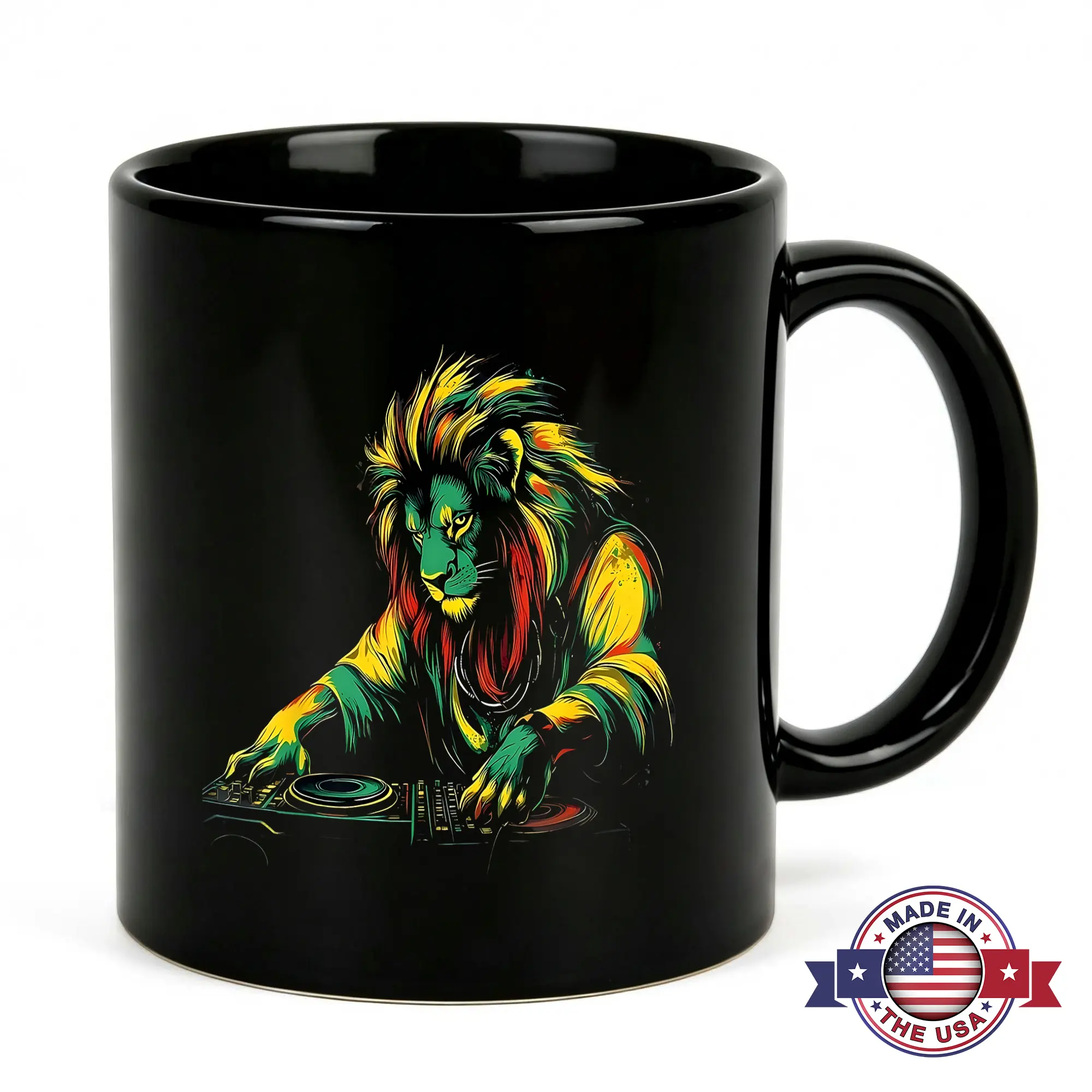 11oz Black Ceramic Reggae Lion DJ Mug - Heat Resistant, Modern, Rasta Print Single Mug, Turntable Graphic Drinkware for Music Producers, Birthday Gift Ideas, Studio Decor Kitchenware Accessory