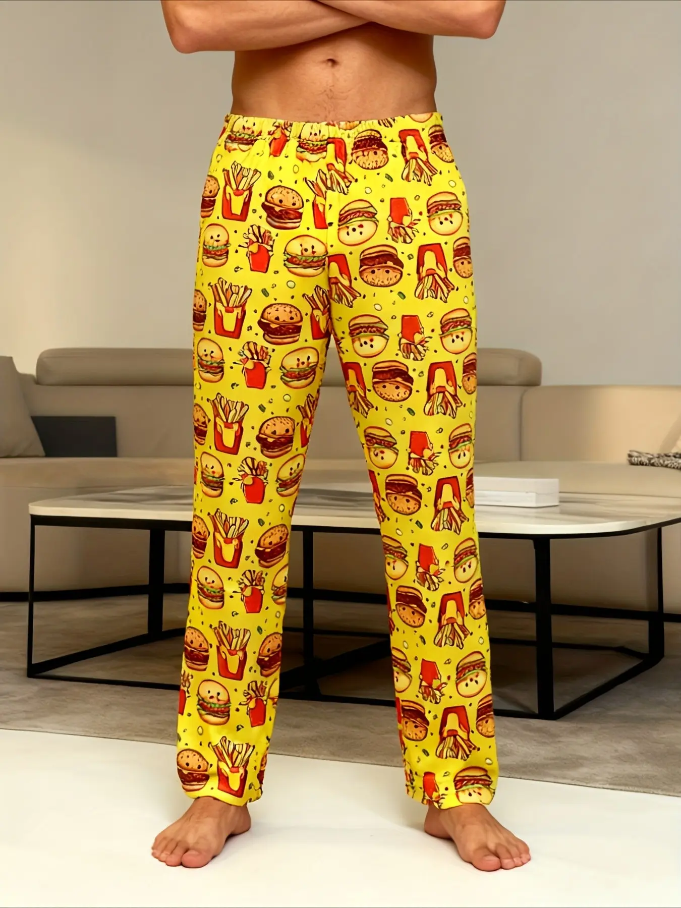 Unisex Cartoon Burger French Fries Full Print Elastic Waist Pants Soft Loungewear Daily Casual Sleep Bottoms Comfort Daily Home Wear Nightwear