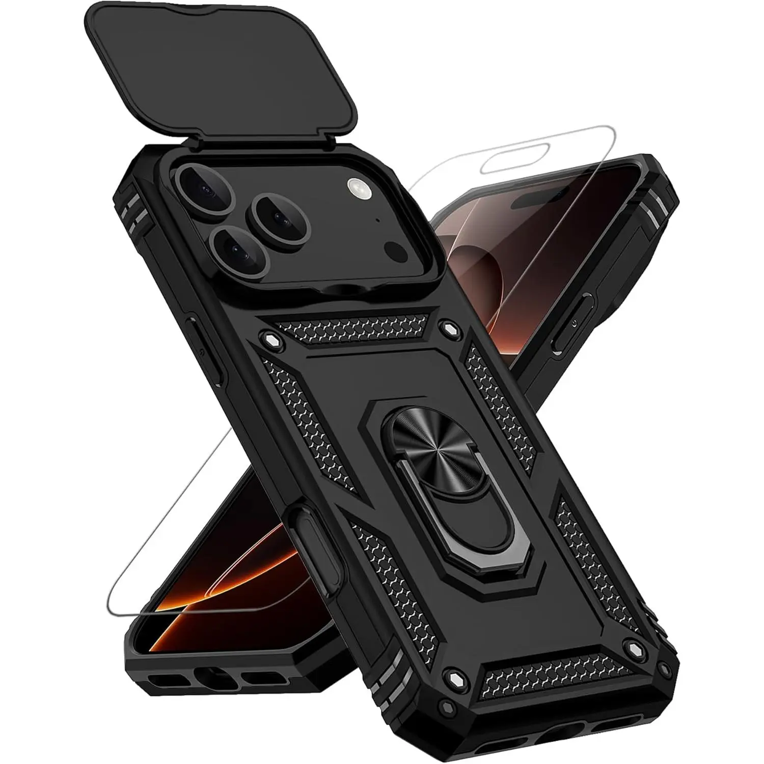 for iPhone 17 Pro Max Case, with Slide Camera Cover HD Screen Protector [Military Grade 16ft. Drop Tested] Ring Holder Kickstand Protective Phone Case for Apple iPhone 17 Pro Max, Black