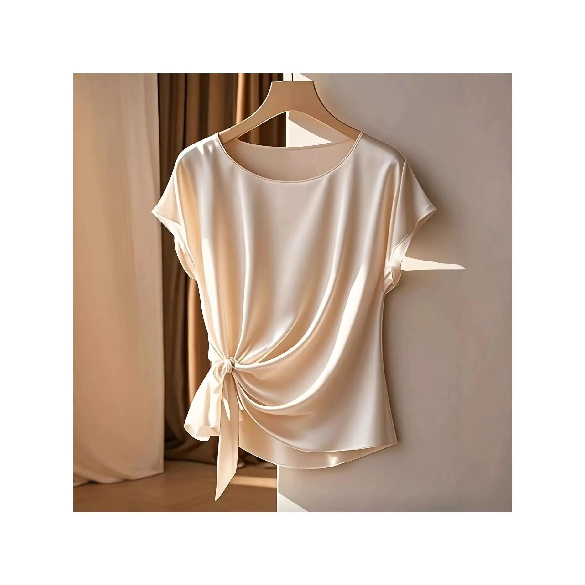 Luxury Cap Sleeve Blouse Round Neck Self Tie Waist Knot Ruched Slim Elegant Business Casual Top For Women Basic Minimalist