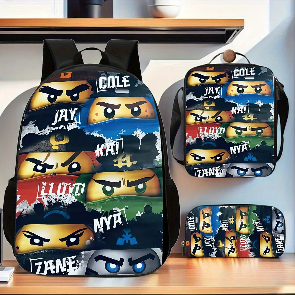 Ninja avatar collage print three-piece school bag set, block-style shoulder strap, insulated lunch box, zippered pencil case, suitable for daily use by teenagers