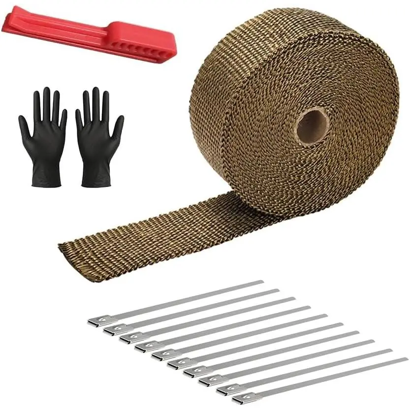 Exhaust Heat Wrap Roll 2" x 16' 5cm x 5m Titanium Fiberglass Heat Shield Tape with 10pcs Stainless Ties and Measure Tool for Motorcycle Car Truck