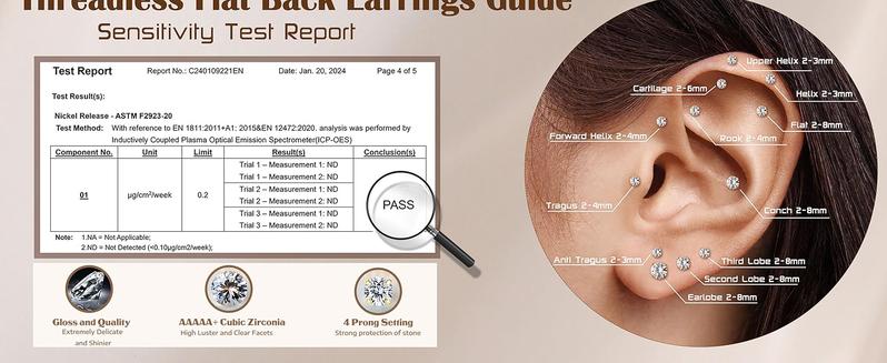 18K Gold Plated 5A Cubic Zirconia Threadless Flat Back Earrings Surgical Stainless Steel Simulated Diamond Earrings for Women Men Earrings Studs Dainty Push Pin Cartilage Earring Hypoallergenic