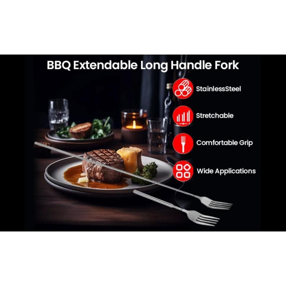 Extendable Fork, Portable Stainless Steel Telescopic Long Handle Fork, Practical Rust-proof for BBQ Fruit Dessert Pastry