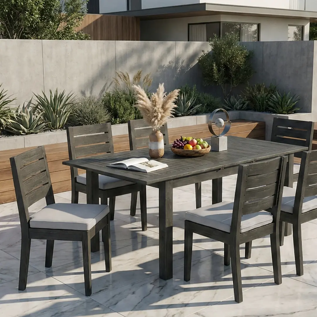ARCH 7-Piece Outdoor Dining Set with Extendable Acacia Wood Table and 6 Water-Repellent Cushion Chairs, Dark Grey Finish, Patio Furniture Set for Garden, Poolside, Backyard, 4-8 Seats, Umbrella Hole, DARK GREY/LIGHT GREY Color Options