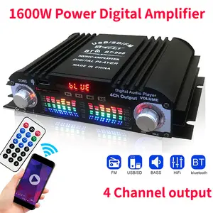 4-Channel Digital Audio Amplifier - 1600W Peak Power HiFi Multi-Channel Amplifiers Sound System with Bluetooth, Karaoke Player, FM Radio, Remote Control, USB/SD Card Support, Adapter Compatibility