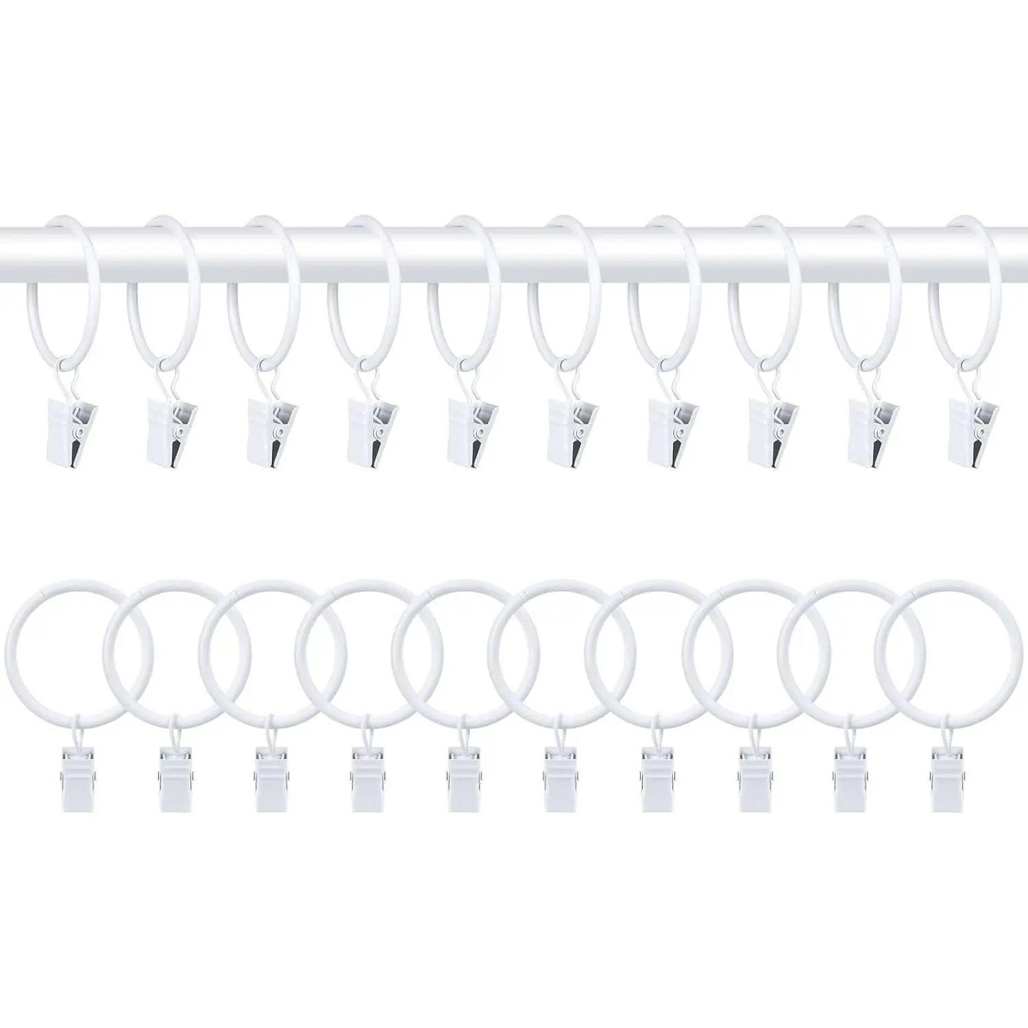 20 PCS Metal Curtain Rings with Clips, White Drapery Rings for Hanging, Curtain Clips 1.5" Interior Diameter