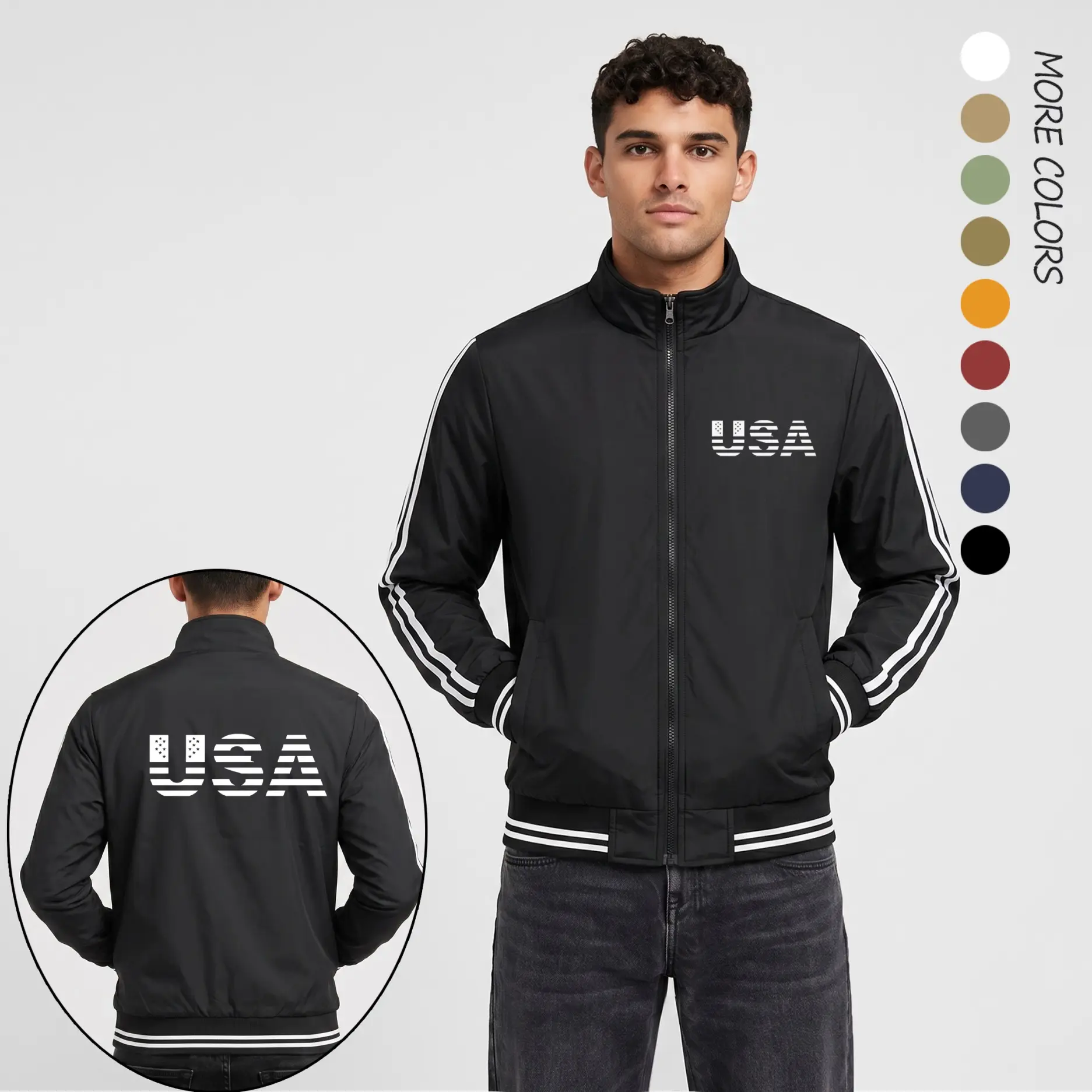 Men’s USA Letter Print Lightweight Flight Bomber Jacket – Casual Streetwear Jacket with Clean Fit, Ribbed Trim and Sport Stripe Sleeve Design for Everyday Urban Outfit