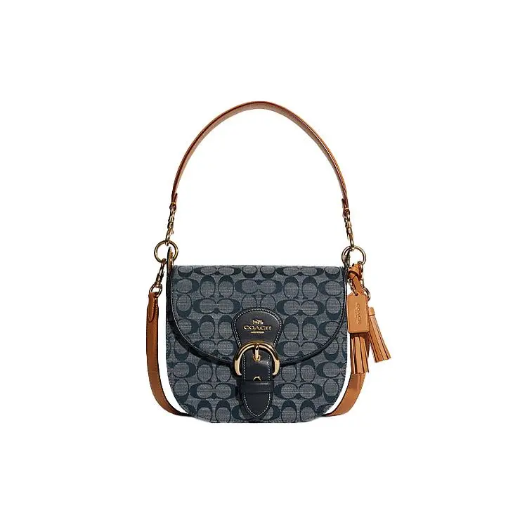 COACH Kleo 23 Saddle Bag for Women – Denim and Leather Crossbody Bag in Blue and Tan