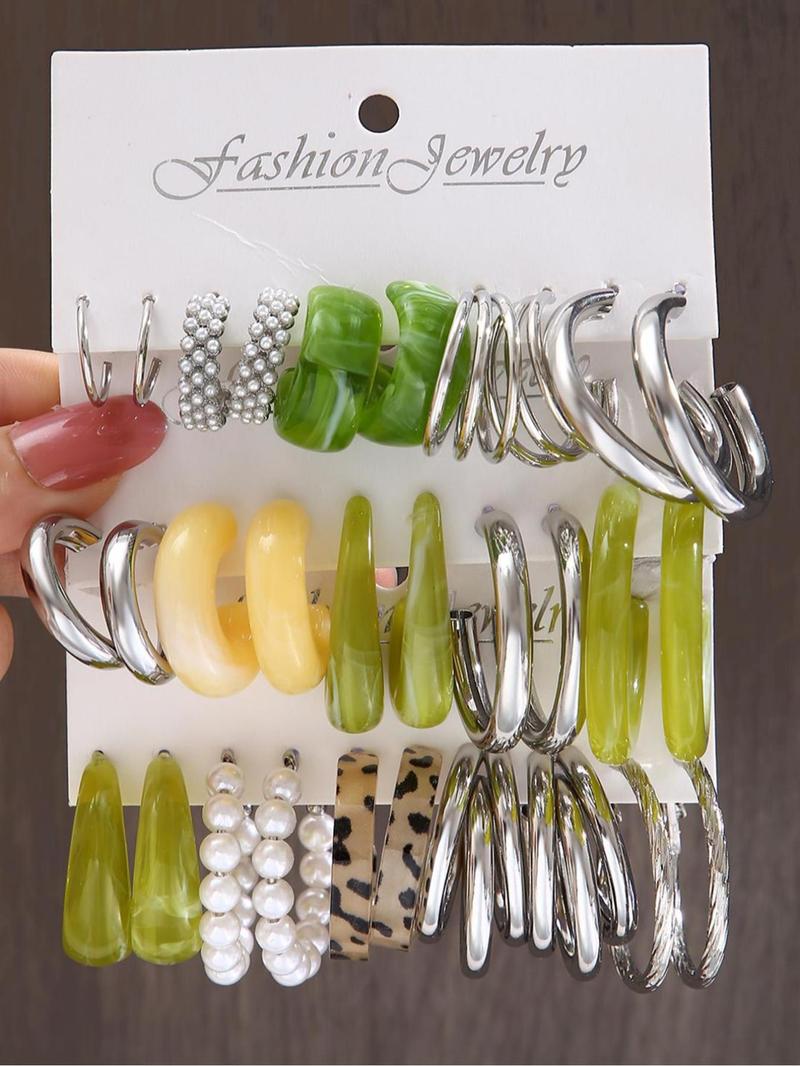 Faux Pearl Decorated Hoop Earrings, 15 Pairs Elegant Colorblock Design Fashionable Hoop Earrings, Fashion Accessories For Women