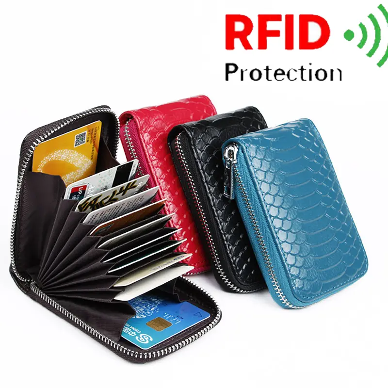 RFID Blocking Snake Embossed Zipper Card Holder, Multi Slots Accordion Card Wallet Mini Coin Purse Card Organizer for Men Women Front Pocket