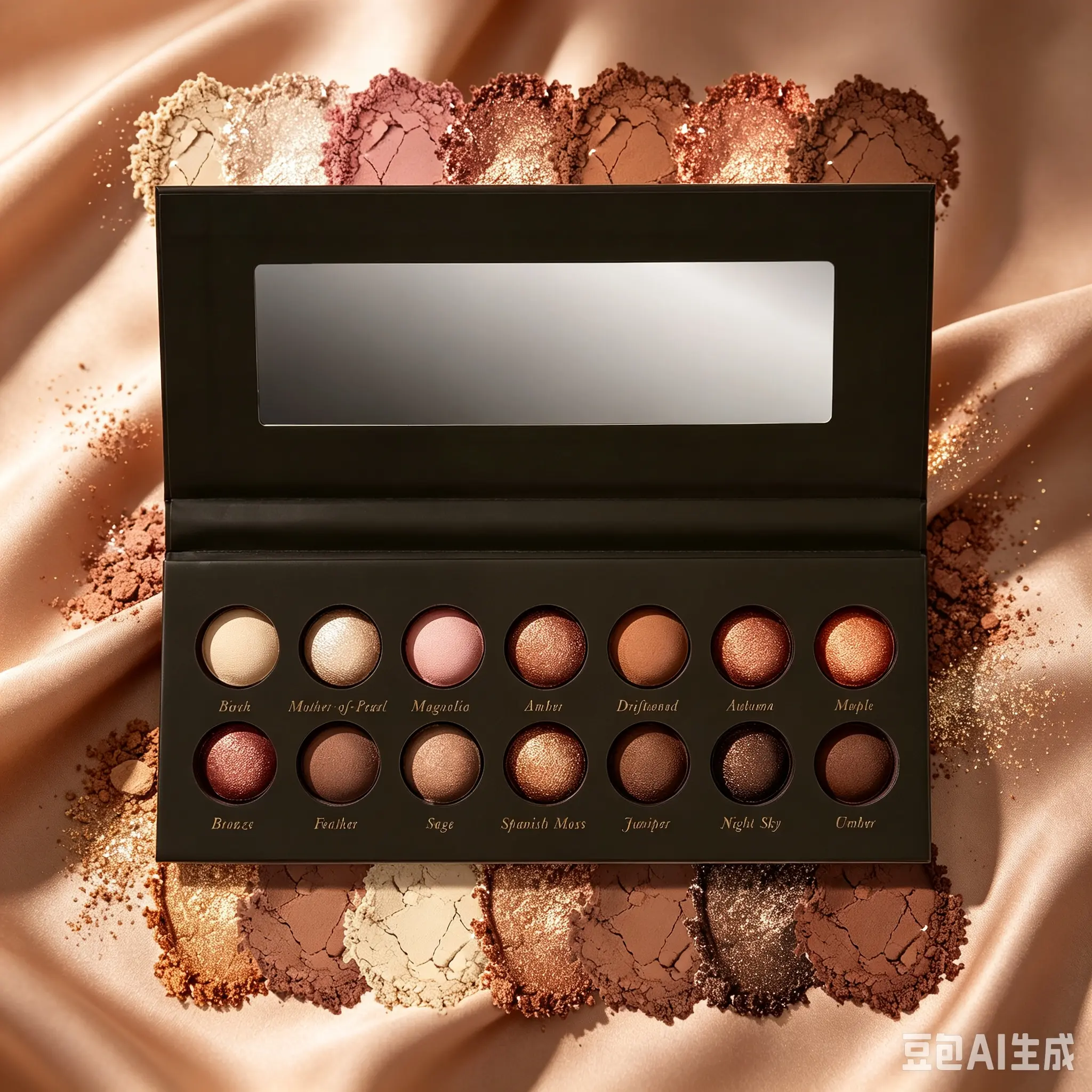 Luxury mirrored 14pc baked eyeshadow makeup powder set with creamy non-fallout ice cream texture, nude, pink, earth brown & unique green tones. Mix matte and shimmer, beginner friendly for soft daily and striking party sophisticated eye makeup.