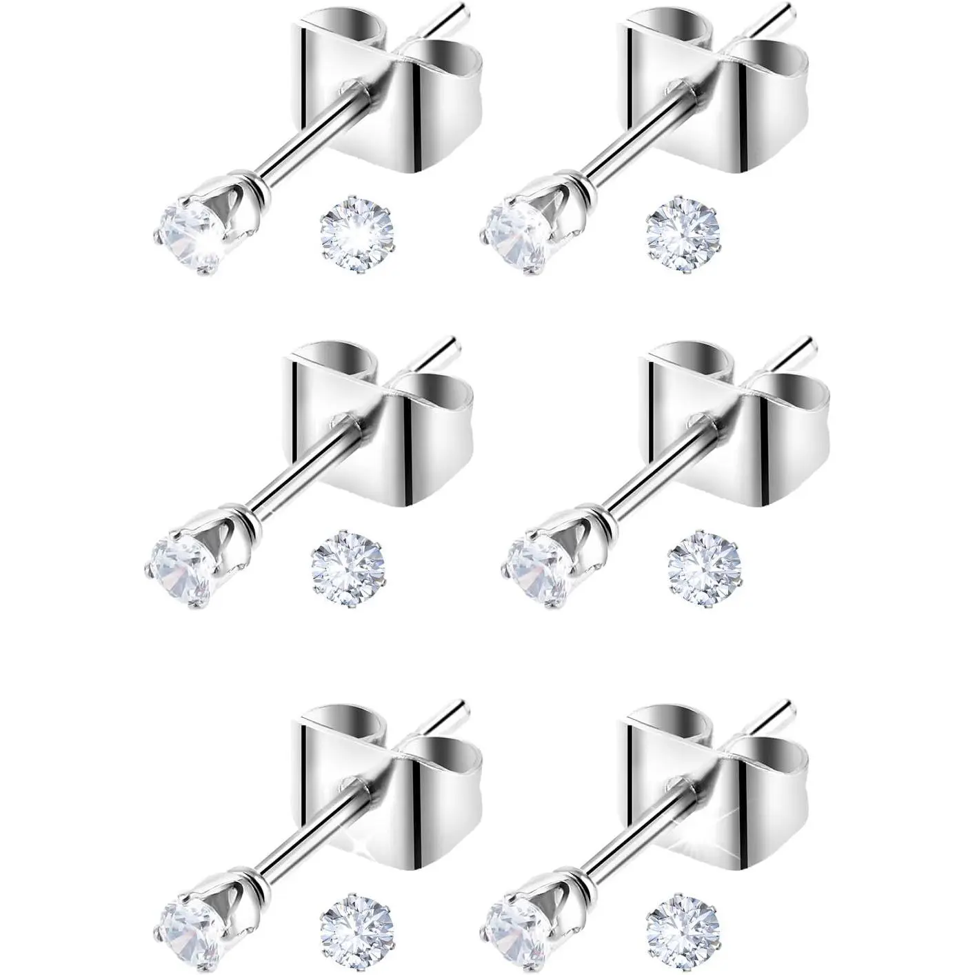 Women's Silver Stud Earrings Set - 6 Pairs Stainless Steel Tiny Size Flat Back Earrings, 2mm Cubic Zirconia, 20G CZ Jewelry