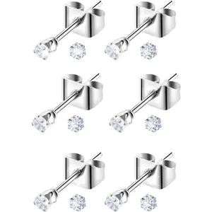Silver Stud Earrings for Women, 6 Pairs Stainless Steel Tiny Earrings, 2mm Cubic Zirconia Flat Back Earring - 20G CZ Studs Jewelry Set