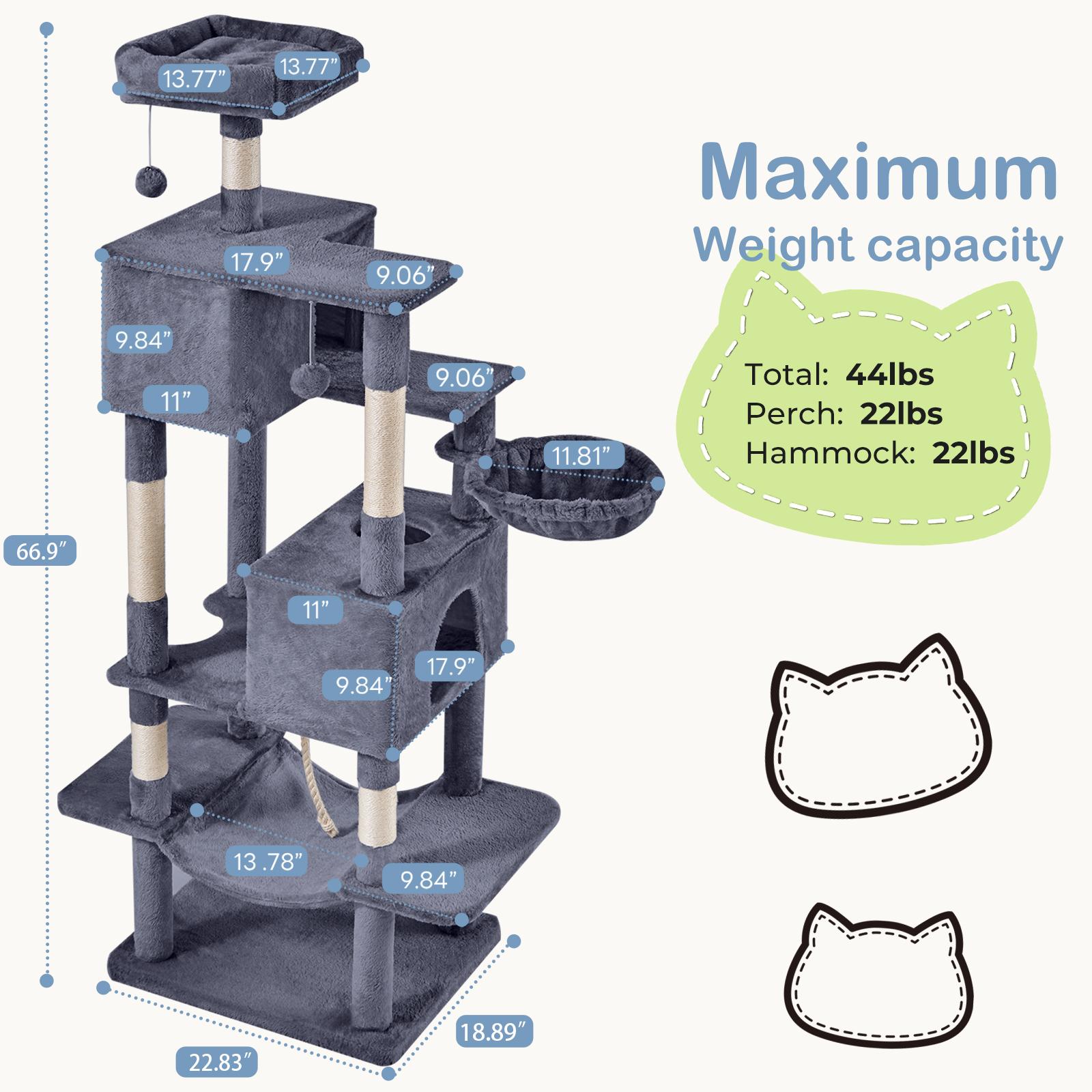 66 Inch Large Cat Tree Tower for Multiple Cats with 2 Condos 3 Perches Hammock Pompoms Extra Wide Platform Indoor Cat Activity Center