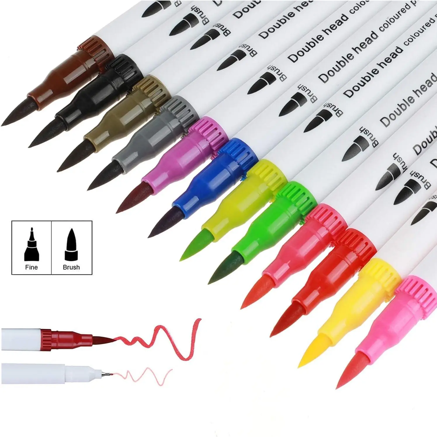 12-Pack Watercolor Marker Pen Set, Water-Based Art Supplies for Adults with Soft Brush & Fineline Double Heads, Plastic Body for Coloring, Painting, Art Projects (Office Stationery Writing Tool), Brush Tips