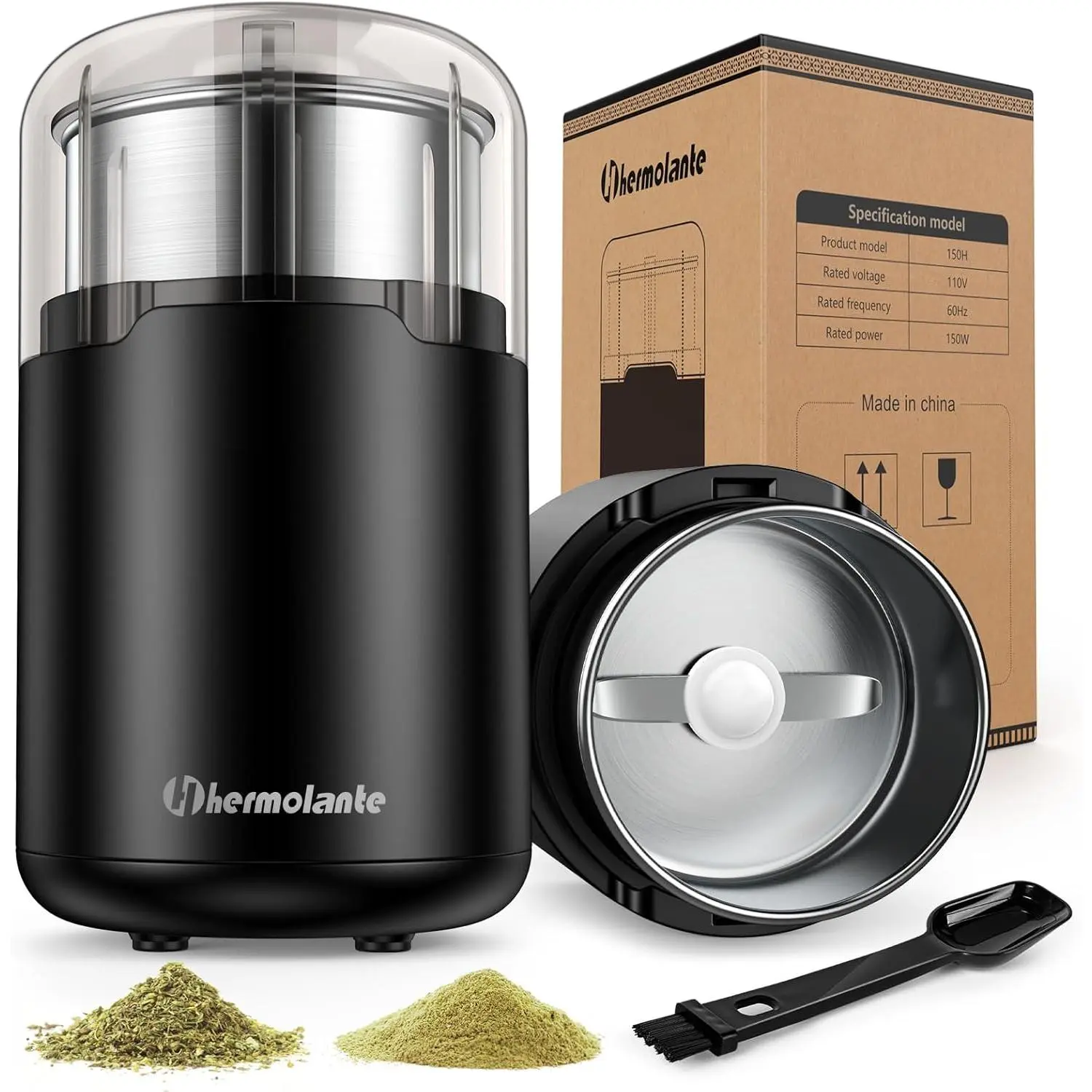 150W Electric Herb Grinder, Spice Coffee Grinder with Stainless Steel Blade and Cleaning Brush, Compact Size Electric Grinder for Herb Spices Coffee Nuts Seeds etc.