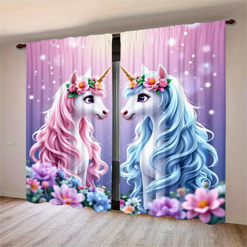 2 pieces of high-definition digital unicorn print curtains, semi-transparent for privacy protection, fade-resistant, easy to clean, suitable for bedroom and living room home decoration