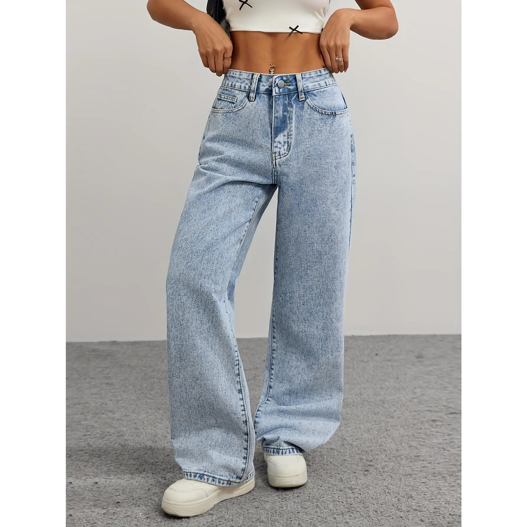 Women's High-Waist Straight-Leg Jeans in Light Wash Denim with Embroidered Bow Detail - Y2K Style, Fashionable and Versatile, Non-Stretch Fabric