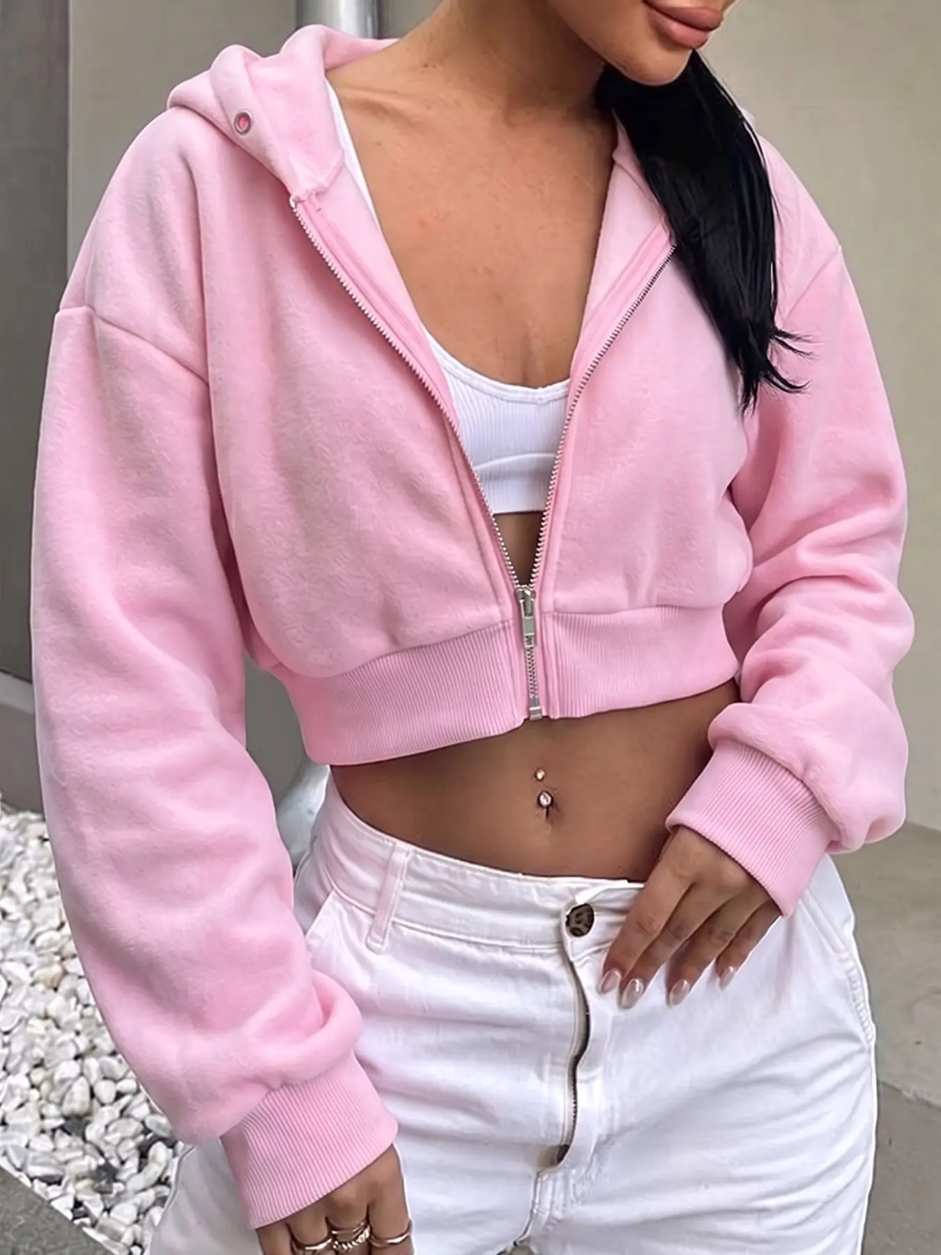Y2K Minimalist Cropped Zip Hoodie for Women, Solid Plain Oversized Drop Shoulder Full Zip Hooded Jacket, Loose Long Sleeve Crop Sweatshirt, Aesthetic Casual Streetwear Short Hooded Outerwear, Soft Lightweight Comfort Daily Wear Top, Trendy Teen Girls Fash