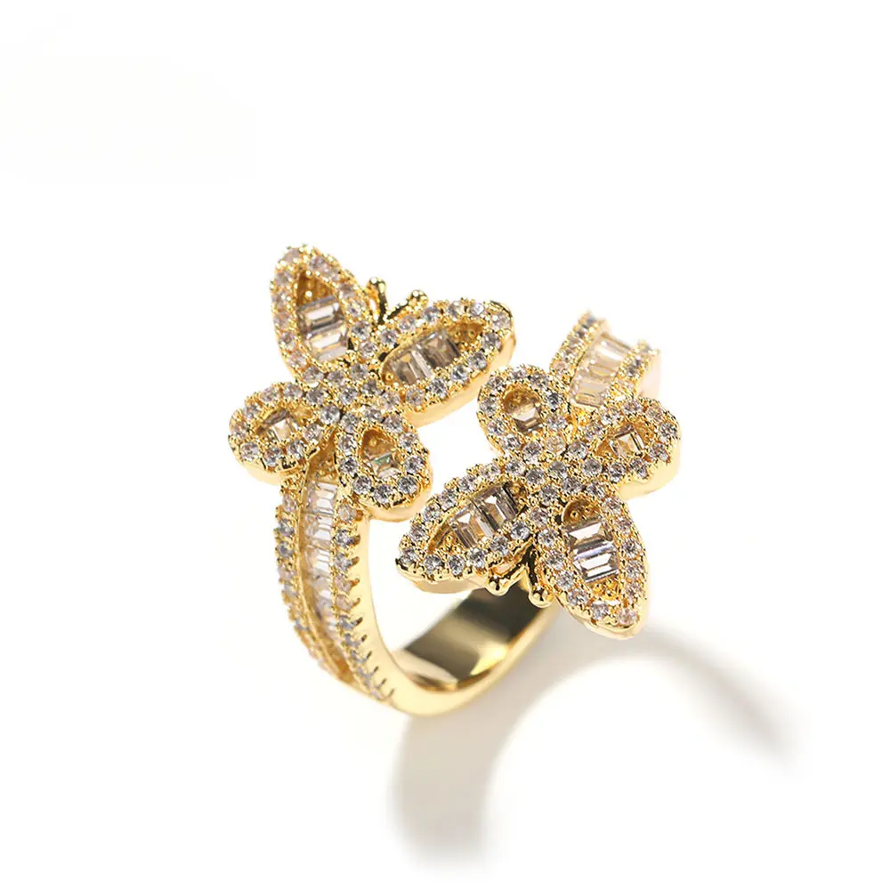 Loveden Unisex Hip Hop Open Butterfly Ring For Men Women, European American Street Trend Iced Out Staggered CZ Diamond Adjustable Band, Unique Statement Stackable Finger Jewelry, Ideal Gift For Party Nightclub Daily Dating & Holiday Occasions
