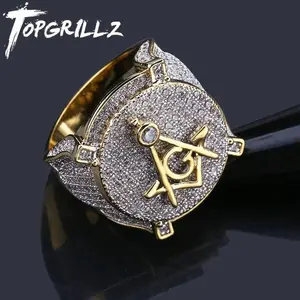 Hip Hop Gold Color Plated Brass Iced Out Micro Pave Cubic Zircon Masonic Ring Charm For Men Gifts With 7 8 9 10 11