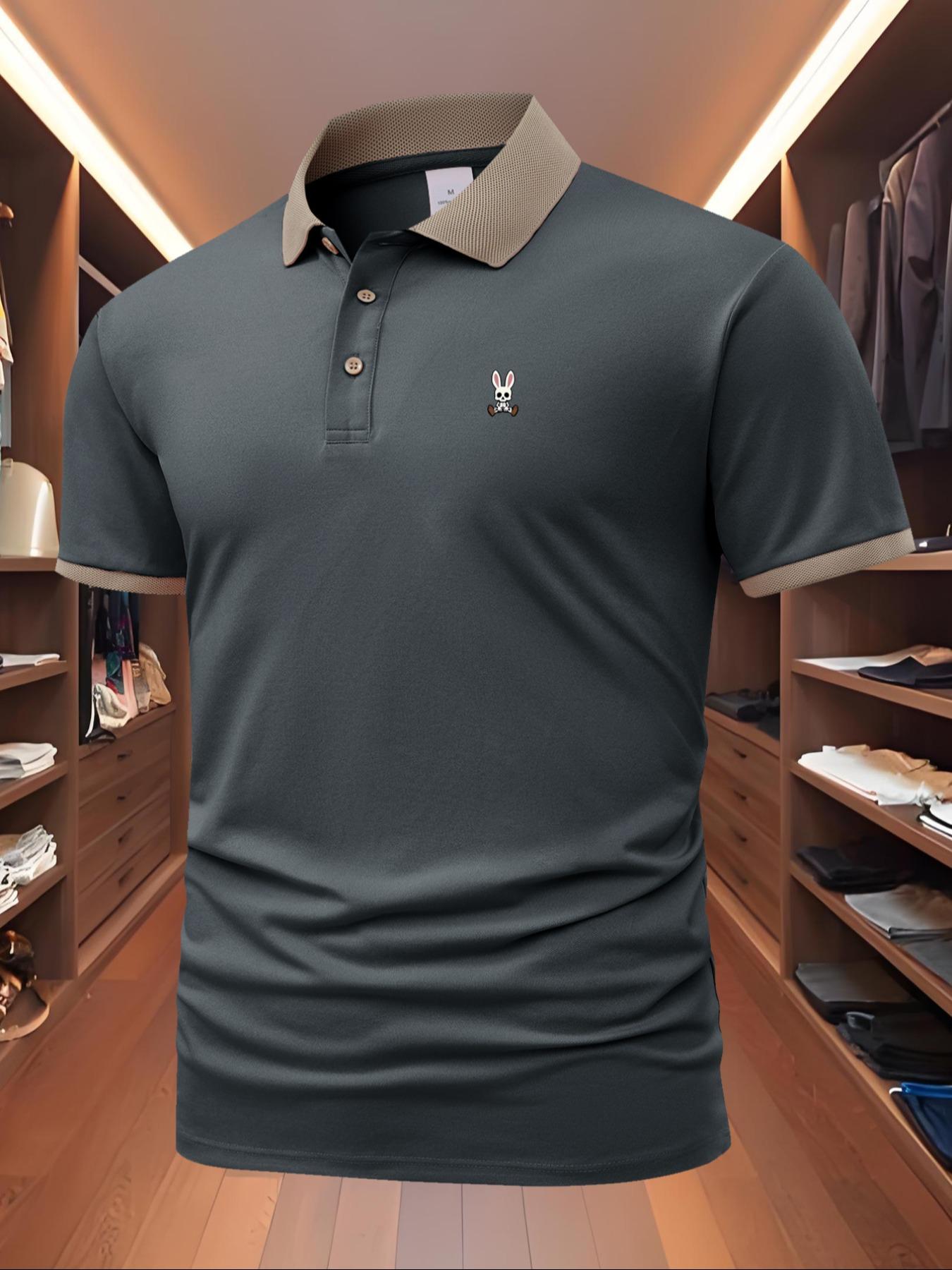 Men's Regular Fit Rabbit Print Polo Shirt, Casual Short Sleeve Collared Top for Summer, Fashion Men's Clothes for Daily Wear