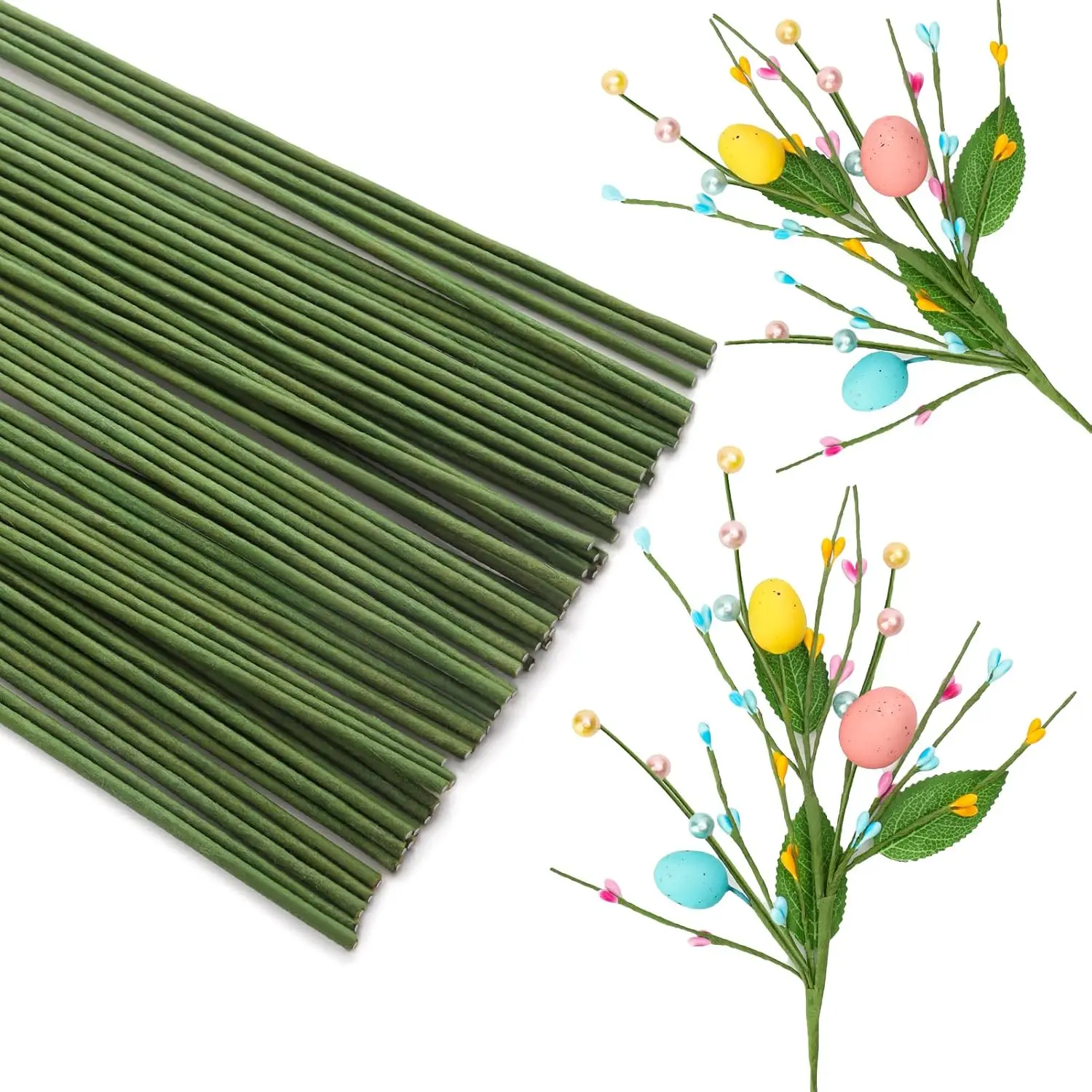 60 Pack Floral Stems, Green Floral Wire Stems, 2 Gauge Artificial Flower Stems for Easter Flower Making Supplies