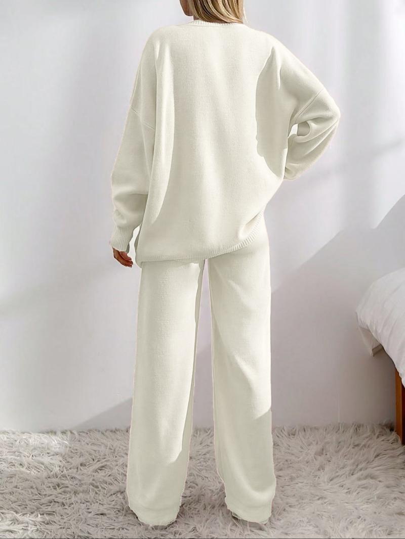 Women's Solid Button Front Drop Shoulder V Neck Cardigan & Elastic Waist Wide Leg Pants Two-piece Set, Casual Fashion Cozy Knitwear Set for Daily Outdoor Wear, Women's Knitwear for Fall & Winter Women's Solid Button Front Drop Shoulder V Neck Cardigan & Elastic Waist Wide Leg Pants Two-piece Set, Casual Fashion Cozy Knitwear Set for Daily Outdoor Wear, Women's Knitwear for Fall & Winter