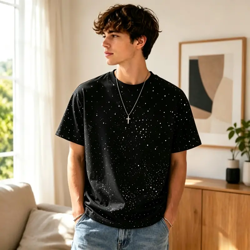 Men's Starry Sky Rhinestone Crew Neck T-Shirt Luxury Sparkling Scattered Hot Drill Short Sleeve Tee Casual Streetwear Top