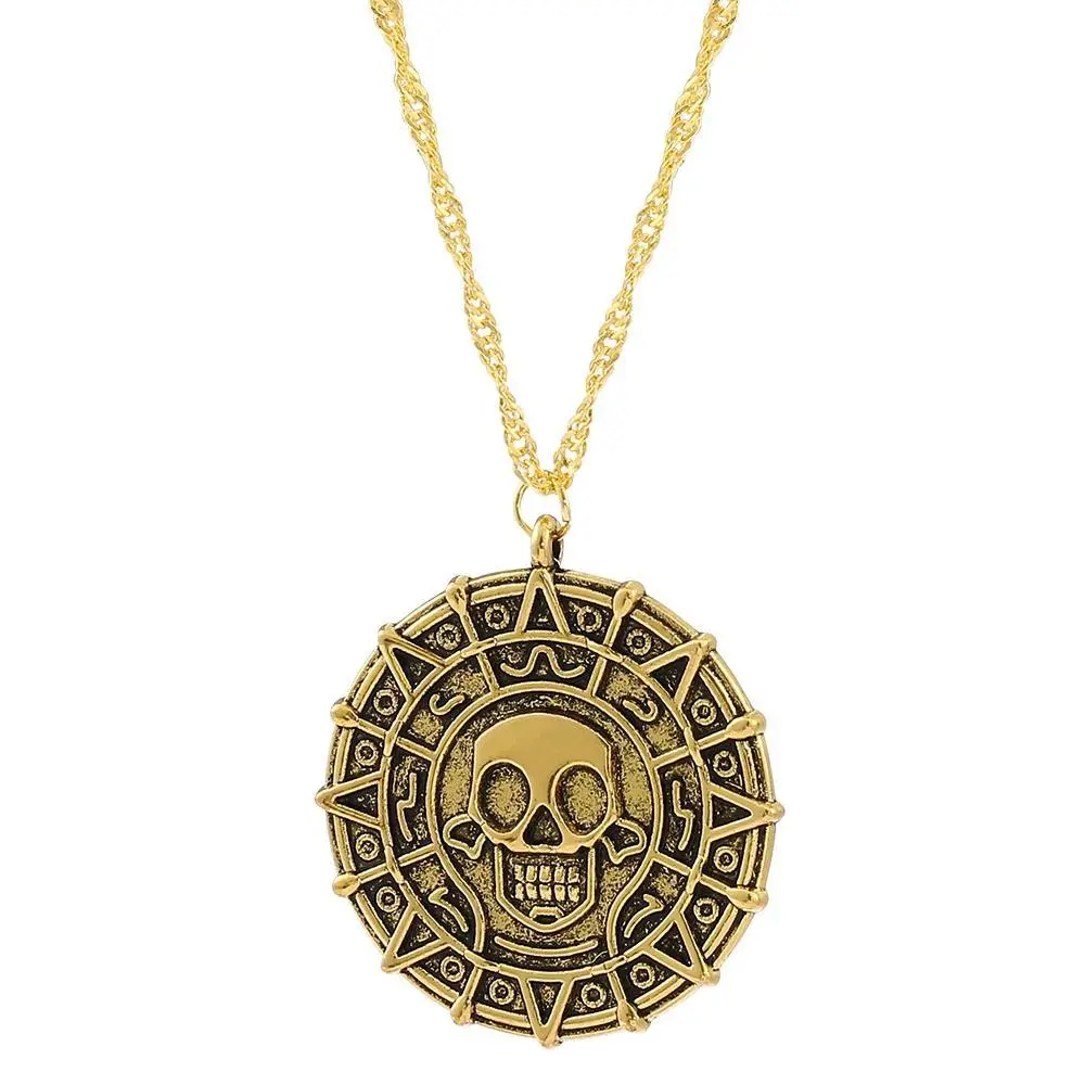 Pirates of the Caribbean Jack Sparrow Aztec Skeleton Skull Heads Coin Medallion Pendant Vintage Jewelry Necklace for Wholesale